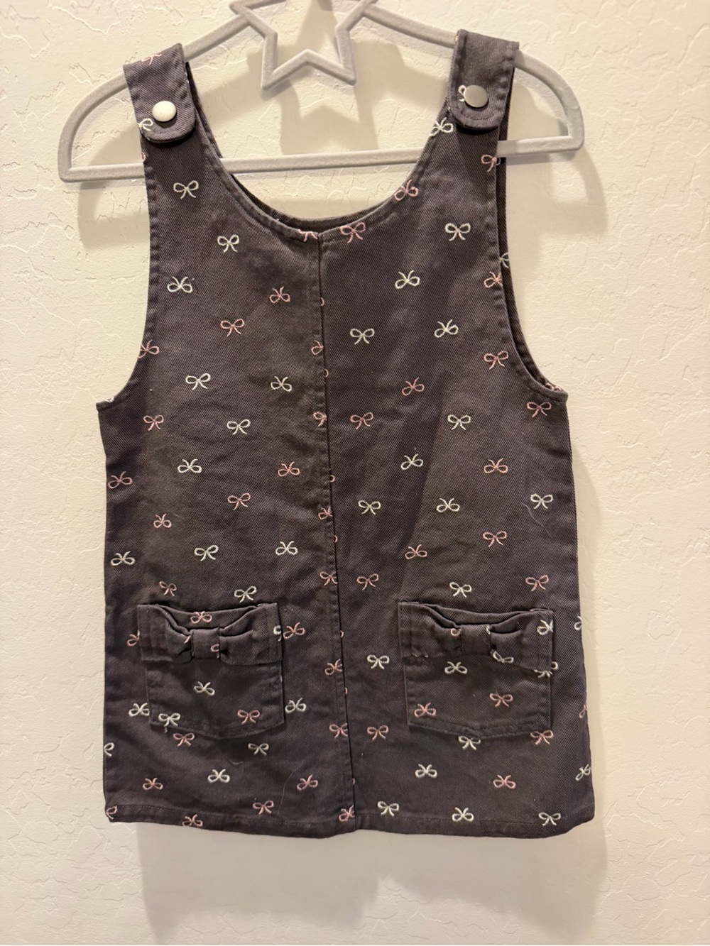 Little Lass Corduroy Pinafore Dress with Bow Print - Charcoal Gray